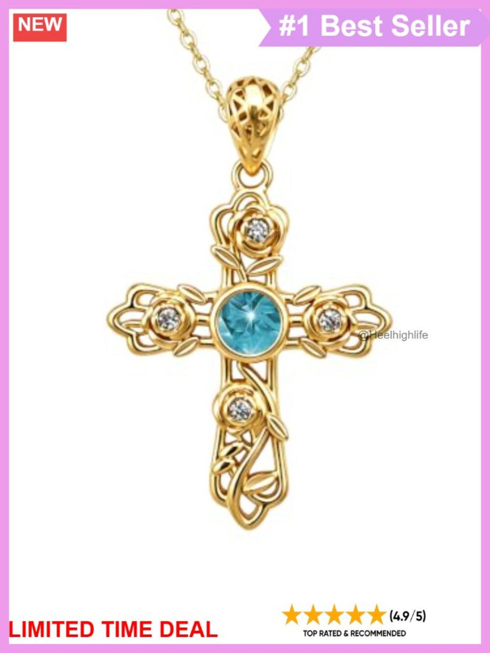 18K Gold Plated Filigree Rose Cross Necklace Cubic Zirconia Pendant